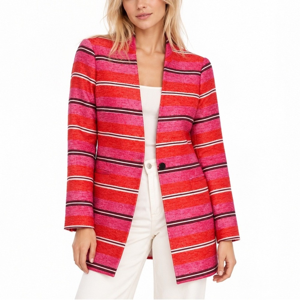 BANANA REPUBLIC Striped Longline Blazer Stand Collar in Pink and Red. Size S